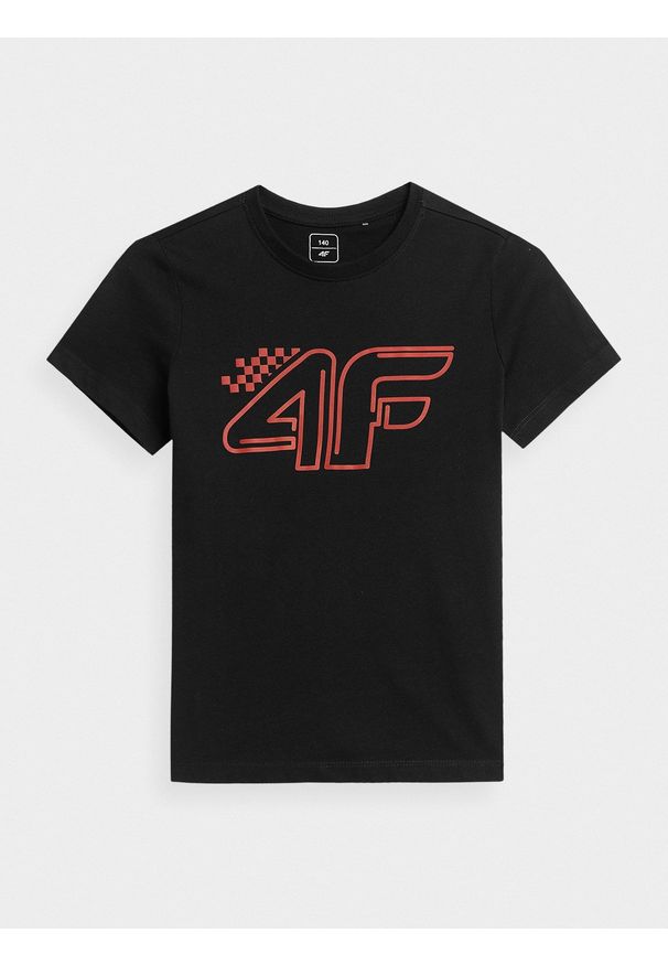 4f - T-shirt z nadrukiem chłopięcy. Kolor: czarny. Materiał: dzianina, materiał, bawełna. Wzór: nadruk