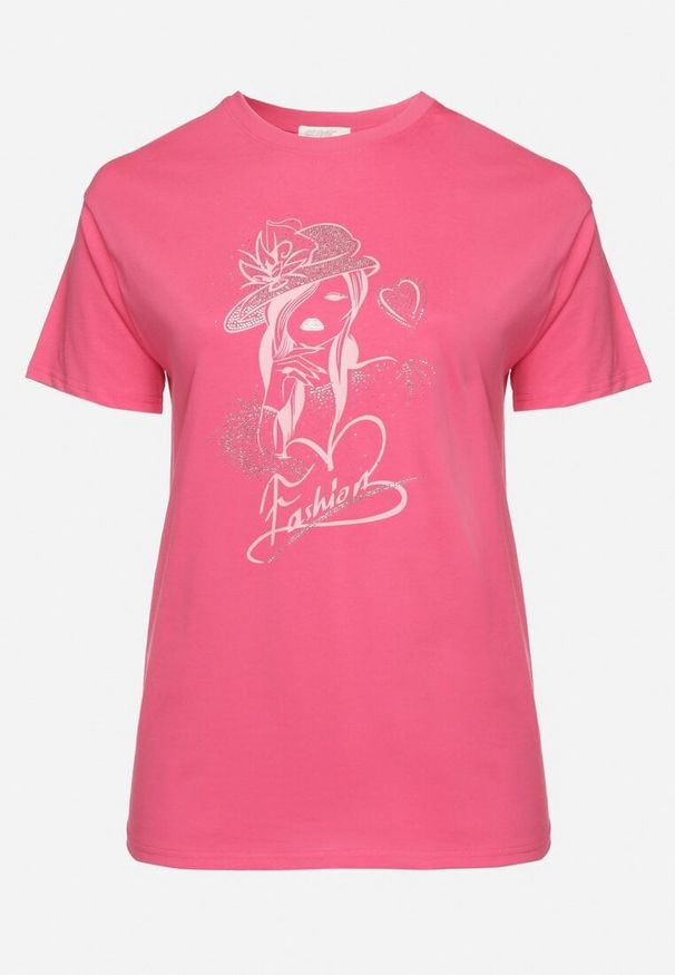 Born2be - Różowy T-shirt z Bawełny z Cyrkoniowym Nadrukiem Sovtebia. Okazja: na co dzień. Kolor: różowy. Materiał: bawełna. Wzór: nadruk. Sezon: lato. Styl: klasyczny, casual