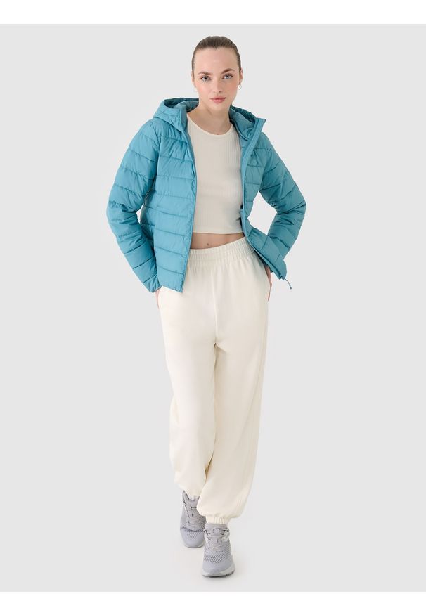 4f - 4F Kurtka puchowa z wypełnieniem z recyklingu damska - turkusowa XS. Okazja: na co dzień. Typ kołnierza: kaptur. Kolor: turkusowy. Materiał: puch. Długość: długie. Styl: casual, klasyczny, sportowy