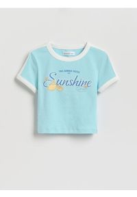 Reserved - Krótki t-shirt z nadrukiem - jasnoniebieski. Kolor: niebieski. Materiał: bawełna. Długość: krótkie. Wzór: nadruk #1