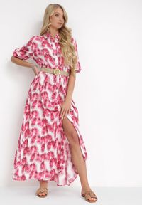 Born2be - Fuksjowa Rozkloszowana Sukienka Maxi z Plecionym Paskiem i Wsuwanymi Kieszeniami Suttyn. Kolor: różowy. Długość rękawa: długi rękaw. Sezon: wiosna, lato. Długość: maxi #4