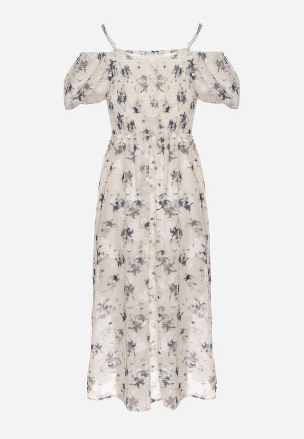 Born2be - Biało-Szara Sukienka z Hiszpańskim Dekoltem i Bufiastymi Rękawami w Kwiatowy Wzór Mesbia. Okazja: na randkę. Kolor: biały. Materiał: jeans, poliester. Długość rękawa: na ramiączkach. Wzór: kwiaty. Sezon: lato