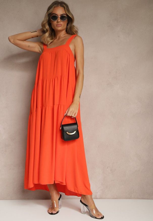 Renee - Pomarańczowa Rozkloszowana Sukienka Ozdobiona Wiązaniem na Plecach Saviande. Okazja: na imprezę. Kolor: pomarańczowy. Wzór: aplikacja. Styl: elegancki