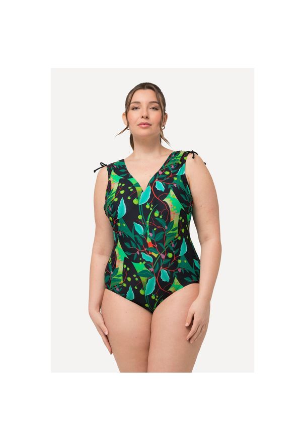 ULLA POPKEN - Damski Strój kąpielowy liście marszczone ramiona miękkie miseczki. Kolekcja: plus size. Kolor: czarny. Materiał: poliamid, materiał, elastan