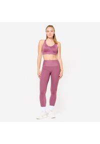 DOMYOS - Legginsy fitness damskie Domyos. Stan: podwyższony. Kolor: fioletowy. Materiał: materiał, skóra. Sport: fitness