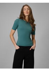 4f - 4F T-shirt slim gładki damski - turkusowy S. Okazja: na co dzień. Kolor: turkusowy. Materiał: materiał, syntetyk. Wzór: gładki. Styl: casual #1
