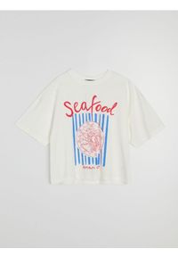Sinsay - Bawełniana koszulka z napisem Seafood - biały. Kolor: biały. Materiał: bawełna. Wzór: napisy #1