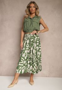 Renee - Zielone Szerokie Spodnie Culottes z Gumką Zdobione Geometrycznym Printem Sartebia. Okazja: na co dzień. Kolor: zielony. Wzór: geometria, aplikacja, nadruk. Styl: casual, elegancki #3