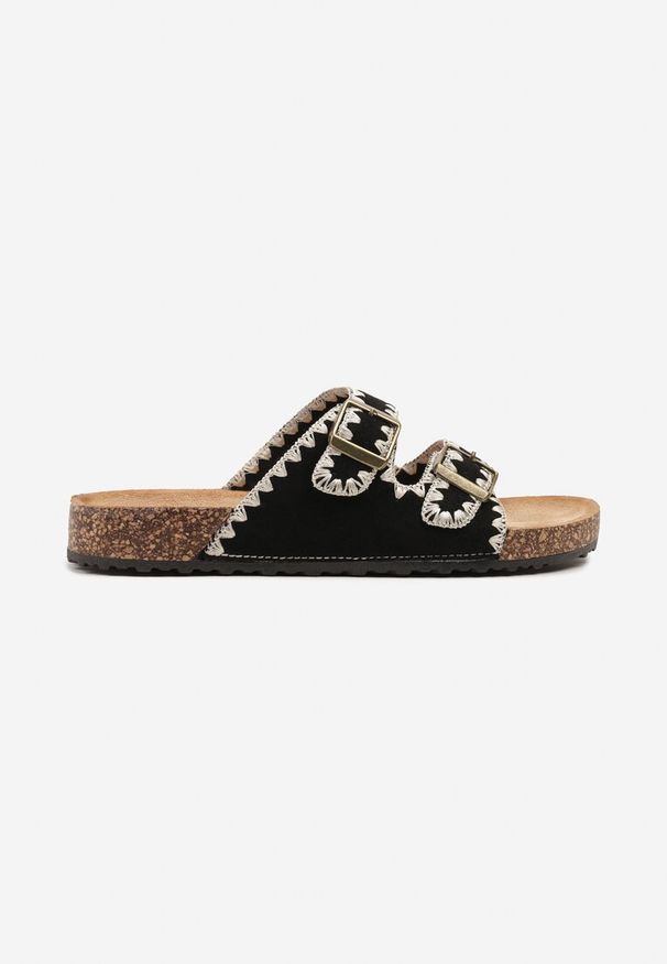 Born2be - Czarne Klapki na Grubej Podeszwie z Korka ze Wzorem Boho Odrielle. Okazja: na co dzień. Kolor: czarny. Styl: boho