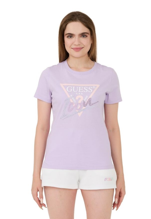 Guess - GUESS Lawendowy damski t-shirt bawełniany Icon Tee, Rozmiar S. Kolor: fioletowy. Materiał: bawełna