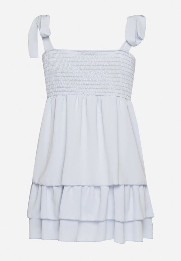 Born2be - Niebieska Rustykalna Sukienka o Taliowanym Kroju z Wiązaniem i Falbanami Finkio. Okazja: na co dzień. Kolor: niebieski. Długość rękawa: na ramiączkach. Wzór: aplikacja. Styl: elegancki, casual