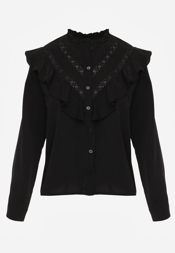 Renee - Czarna Koszula z Falbanami i Koronkowymi Wstawkami Eletoma. Typ kołnierza: kołnierz z falbankami. Kolor: czarny. Materiał: koronka. Wzór: koronka