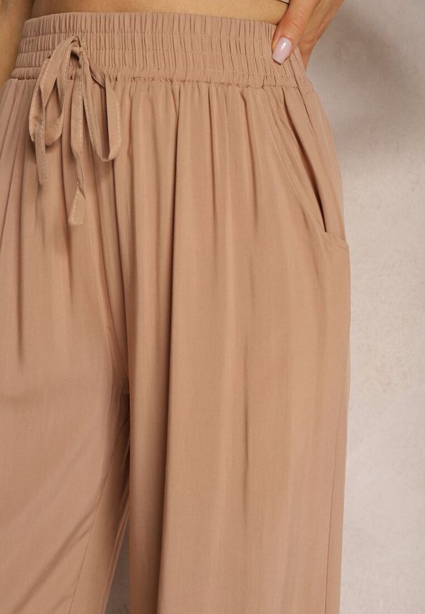 Renee - Beżowe Bawełniane Spodnie Kuloty High Waist z Gumką w Pasie Vimarielle. Okazja: do pracy, na spotkanie biznesowe. Stan: podwyższony. Kolor: beżowy. Materiał: bawełna. Styl: elegancki, biznesowy