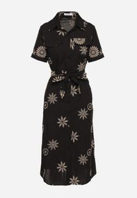 Born2be - Czarna Koszulowa Sukienka z Wiskozy z Haftowanymi Kwiatami i Paskiem Diviera. Kolor: czarny. Materiał: wiskoza. Wzór: kwiaty, haft. Typ sukienki: koszulowe. Styl: boho #2