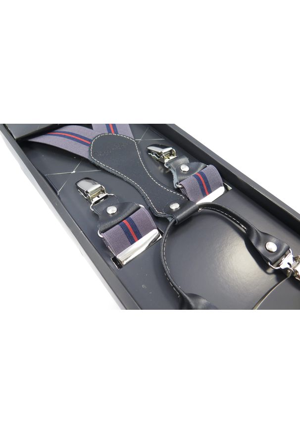 Modini - Szare szelki męskie z granatowo-czerwonym paskiem SZ37. Kolor: szary, wielokolorowy, czerwony, niebieski. Materiał: skóra, guma