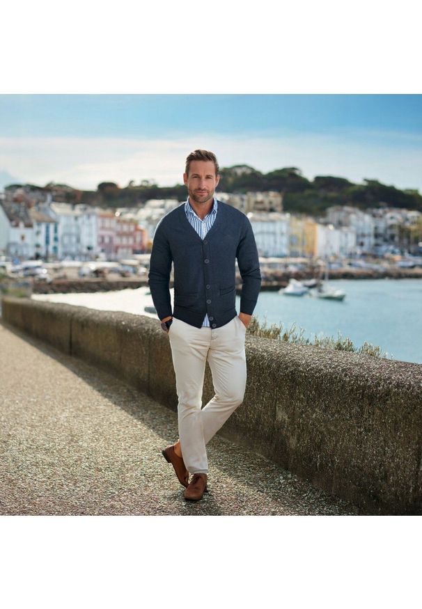 Bawełniany Sweter Męski, Rozpinany (Kardigan) - Pako Jeans - Jasny Granat. Okazja: na spotkanie biznesowe, do pracy. Kolor: niebieski. Materiał: bawełna. Styl: biznesowy, klasyczny