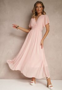 Renee - Różowa Rozkloszowana Sukienka z Kopertowym Dekoltem Obillis. Okazja: na co dzień, na imprezę. Typ kołnierza: dekolt w serek. Kolor: różowy. Materiał: jeans. Typ sukienki: kopertowe. Styl: elegancki, casual