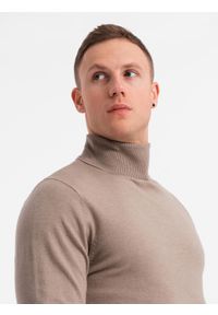 Ombre Clothing - Męski dzianinowy golf z wiskozą – ciemnobeżowy melanż V3 - Rozmiar: M. Typ kołnierza: golf. Kolor: beżowy. Materiał: wiskoza, dzianina. Wzór: melanż. Styl: klasyczny, elegancki #3