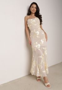 Born2be - Beżowa Koktajlowa Sukienka Siateczkowa z Odkrytymi Plecami z Wiązaniem Cezelle. Kolor: beżowy. Materiał: materiał. Wzór: kwiaty, aplikacja. Styl: wizytowy #1