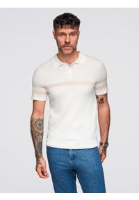 Ombre Clothing - Męska koszulka polo z miękkiej dzianiny z kontrastowymi pasami - kremowa V3 - Rozmiar: XL. Okazja: na co dzień. Typ kołnierza: polo. Kolor: kremowy. Materiał: dzianina. Długość: krótkie. Wzór: paski. Styl: casual