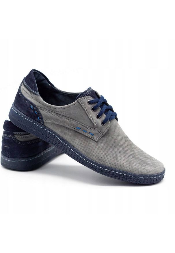 KOMODO Buty męskie Casual 848 szare. Okazja: na co dzień. Zapięcie: pasek. Kolor: szary. Materiał: skóra, jeans. Wzór: paski. Sezon: jesień, wiosna, lato. Styl: casual