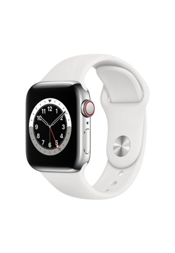 APPLE Watch 6 Cellular 40mm (Srebrny z opaską sportową w kolorze białym). Rodzaj zegarka: smartwatch. Kolor: srebrny, wielokolorowy, biały. Styl: sportowy