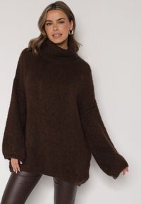 Born2be - Brązowy Gładki Golf Oversize z Domieszką Wełny i Wiskozy Nerafera. Okazja: na co dzień. Typ kołnierza: golf. Kolor: brązowy. Materiał: wełna, wiskoza. Wzór: gładki. Styl: klasyczny, casual #5
