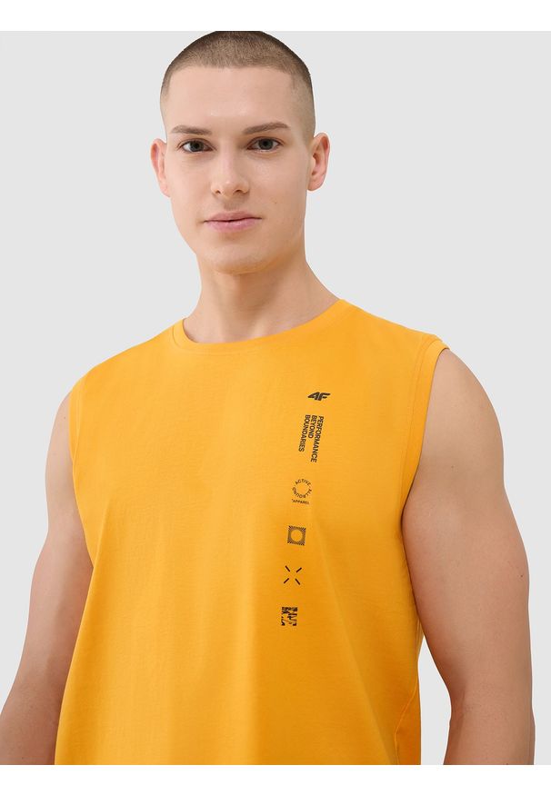 4f - 4F Tank top regular męski - pomarańczowy XXL. Kolor: pomarańczowy. Materiał: jersey, dzianina, bawełna. Długość rękawa: bez rękawów. Wzór: napisy, nadruk, ze splotem, gładki