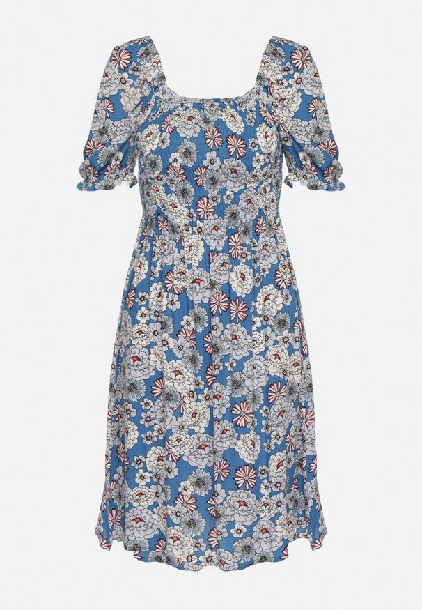 Born2be - Niebieska Wiskozowa Sukienka Midi z Gumkami Przy Dekolcie i Wzorem w Kwiaty Alonvaria. Okazja: na spacer, na imprezę. Kolor: niebieski. Materiał: wiskoza. Wzór: kwiaty. Sezon: wiosna, lato. Długość: midi