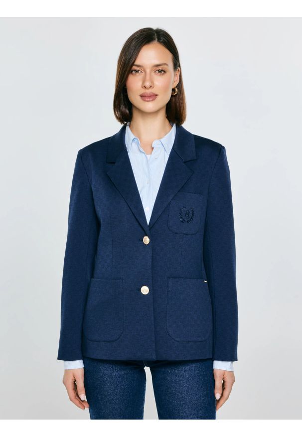 Big-Star - Marynarka damska slim granatowa Norbia 403. Okazja: na spotkanie biznesowe, do pracy. Kolor: niebieski. Materiał: tkanina, wiskoza, materiał. Długość: krótkie. Styl: biznesowy, elegancki, klasyczny