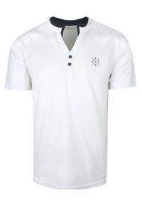 Męska Koszulka (T-Shirt) z Dekoltem na Guziki - Pako Jeans - Biała. Okazja: na co dzień. Kolor: biały. Materiał: bawełna. Styl: casual