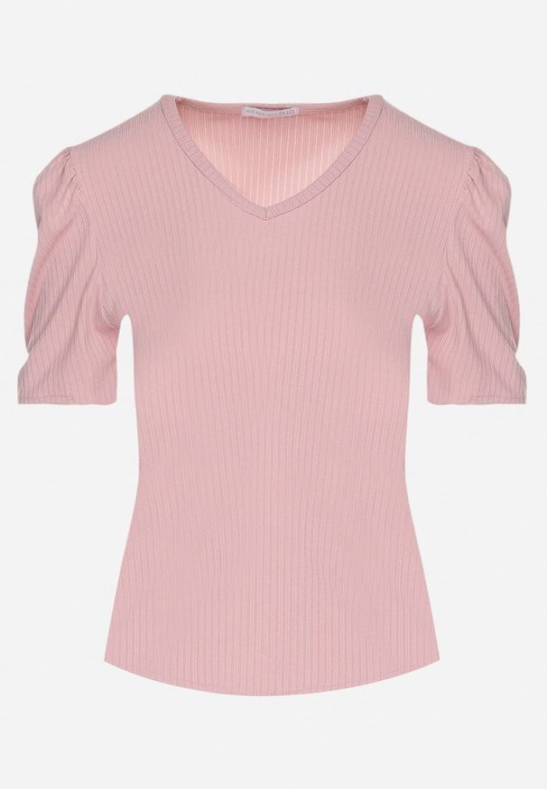 Born2be - Różowy T-shirt z Dekoltem w Serek Sunesse. Okazja: na co dzień. Typ kołnierza: dekolt w serek. Kolor: różowy. Materiał: jeans. Styl: klasyczny, casual