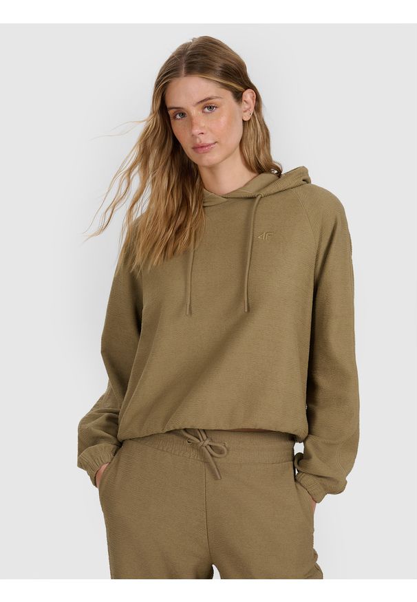 4f - 4F Bluza dresowa nierozpinana z kapturem damska - beżowa L. Okazja: na co dzień. Typ kołnierza: kaptur. Kolor: beżowy. Materiał: dresówka. Długość rękawa: raglanowy rękaw. Długość: krótkie. Styl: klasyczny, sportowy, casual