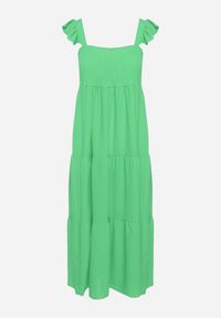 Born2be - Zielona Sukienka na Ramiączkach z Falbankami o Rozkloszowanym Kroju Ebisena. Okazja: na co dzień. Typ kołnierza: kołnierz z falbankami. Kolor: zielony. Materiał: jeans. Długość rękawa: na ramiączkach. Wzór: bez wzorów, aplikacja. Typ sukienki: proste. Styl: casual, elegancki #3