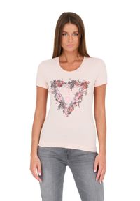 Guess - GUESS Różowy t-shirt z logo. Kolor: różowy. Materiał: bawełna. Wzór: nadruk