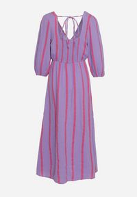 Born2be - Fioletowo-Różowa Taliowana Sukienka z Bawełny z Motywem Pasków Rivettes. Kolor: fioletowy. Materiał: bawełna. Sezon: lato #2