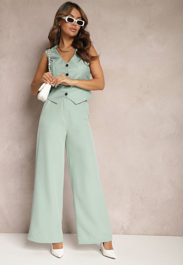 Renee - Jasnozielone Spodnie Szerokie Laodaleia. Stan: podwyższony. Kolor: zielony. Materiał: tkanina. Długość: długie. Wzór: gładki. Styl: elegancki