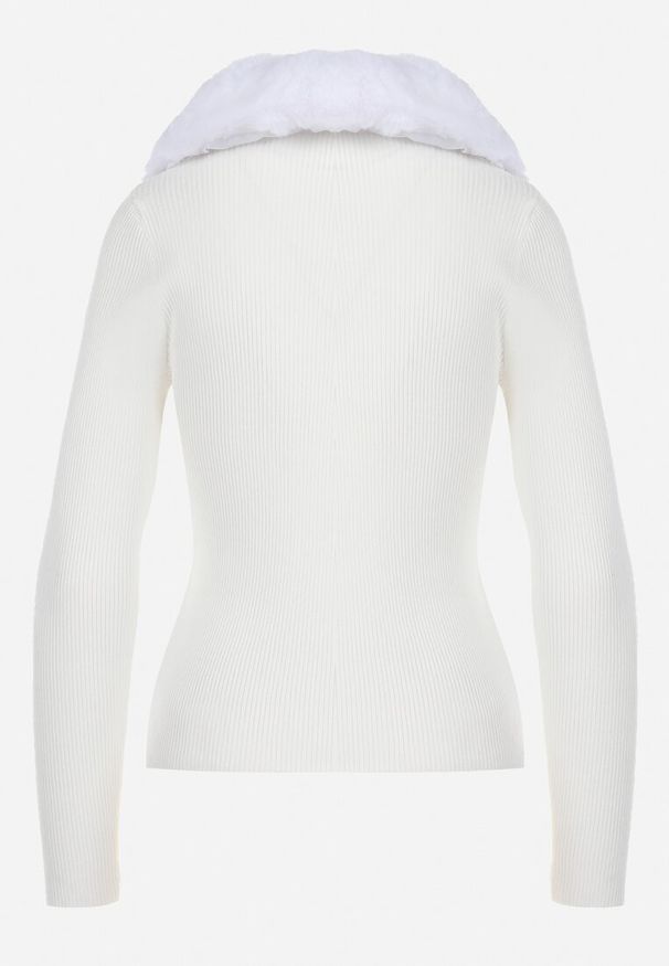 Born2be - Biały Dzianinowy Sweter z Suwakiem i Futerkiem Delianna. Kolor: biały. Materiał: dzianina, futro