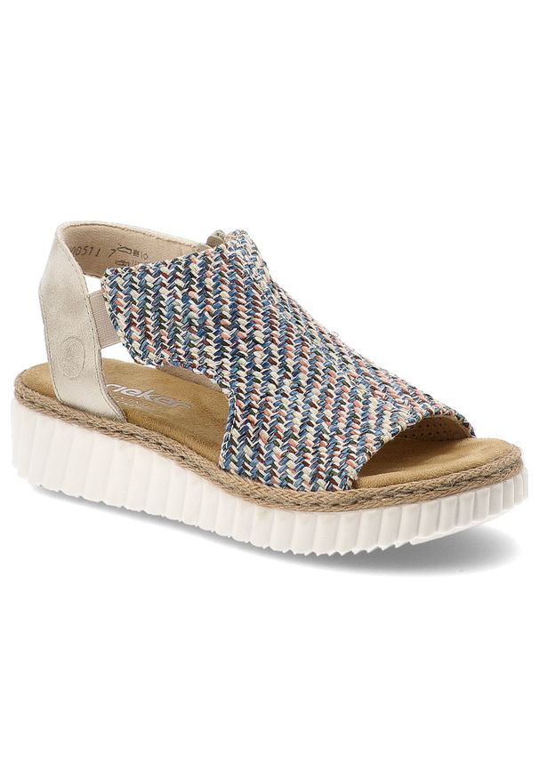 Sandały damskie Rieker, cholewka z materiału tekstylnego wsuwany fason na platformie, kolorowe, 69284-90. Materiał: materiał. Wzór: kolorowy. Obcas: na platformie