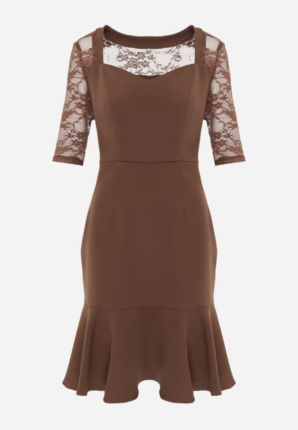 Renee - Brązowa Sukienka VICES o Taliowanym Kroju z Rękawami z Koronki Metirei. Kolor: brązowy. Materiał: koronka. Wzór: koronka. Styl: elegancki