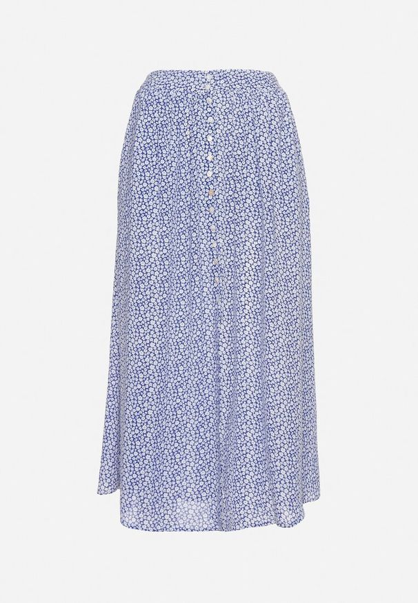 Born2be - Niebieska Wiskozowa Spódnica Midi Rozkloszowana z Guzikami w Kwiatowy Print Leannani. Okazja: na co dzień, na spacer. Kolor: niebieski. Materiał: wiskoza. Wzór: nadruk, kwiaty. Sezon: lato. Styl: casual