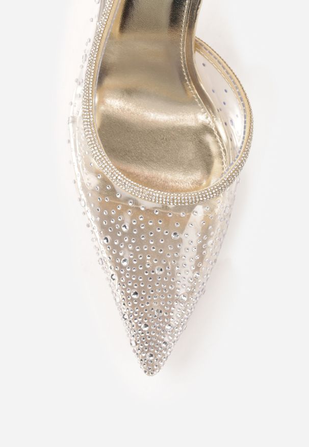 Renee - Złote Szpilki Slingback z Transparentną Cholewką i Cyrkoniami Liaceran. Okazja: na imprezę. Kolor: złoty. Szerokość cholewki: normalna. Obcas: na szpilce. Styl: wizytowy, glamour