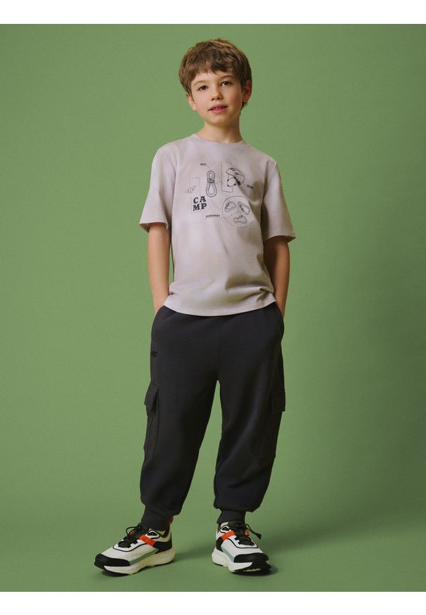 4f - 4F T-shirt regular z nadrukiem chłopięcy - beżowy 140 (9-10 lat). Okazja: na co dzień. Kolor: beżowy. Materiał: dzianina, bawełna. Wzór: nadruk. Sezon: lato. Styl: casual