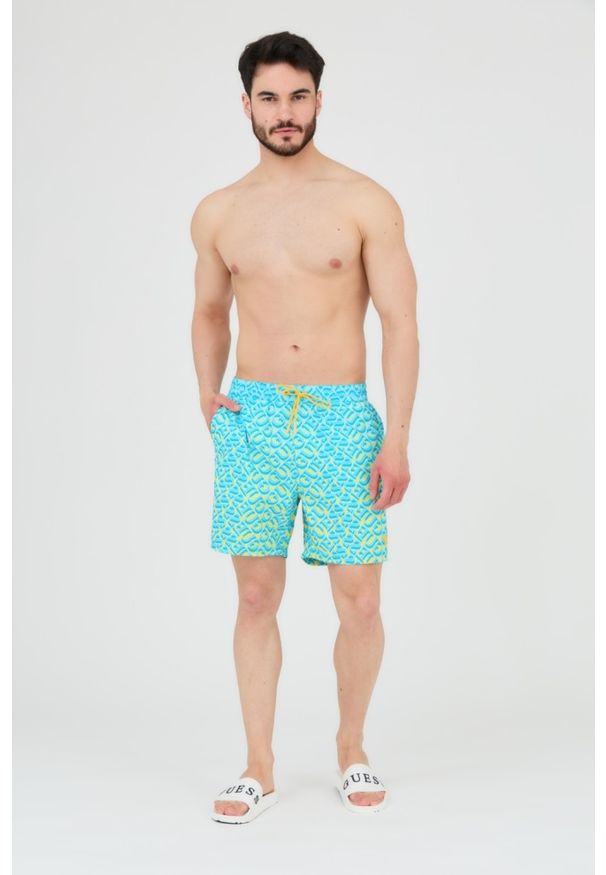 Guess - GUESS Męskie szorty kąpielowe niebiesko-żółte, Rozmiar XXL. Kolor: wielokolorowy. Materiał: poliester