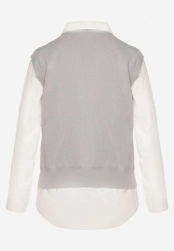 Born2be - Szara Kamizelka z Prążkowanej Dzianiny z Klasyczną Koszulą Verisande. Okazja: na co dzień. Kolor: szary. Materiał: prążkowany, dzianina. Styl: klasyczny