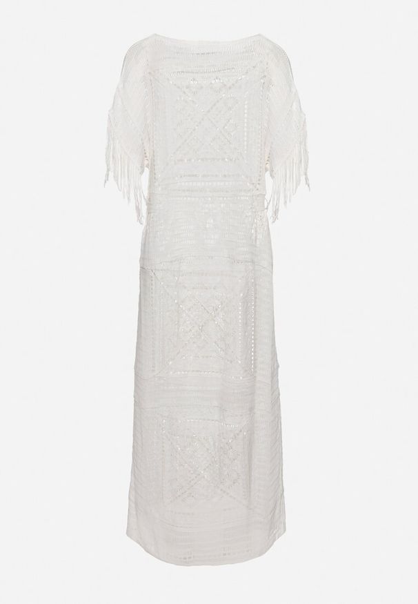 Born2be - Biała Pudełkowa Sukienka Maxi z Szydełkowej Tkaniny z Frędzelkami Sasori. Okazja: na co dzień. Kolor: biały. Materiał: tkanina. Długość rękawa: krótki rękaw. Styl: casual. Długość: maxi