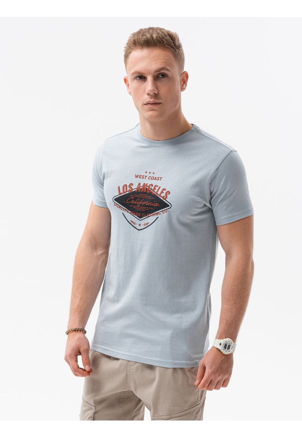 Ombre Clothing - T-shirt męski z nadrukiem S1434 V-21A - niebieski - XXL. Kolor: niebieski. Materiał: bawełna. Wzór: nadruk. Styl: klasyczny