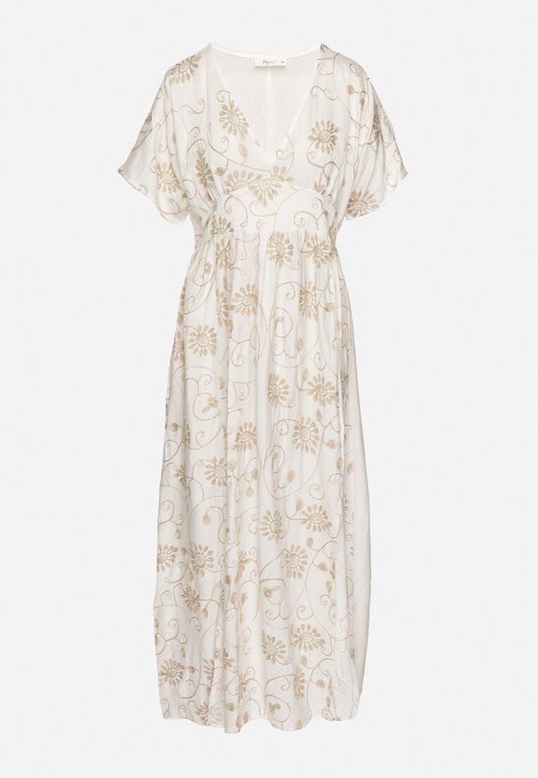 Born2be - Biała Wiskozowa Sukienka z Metaliczną Nicią i Haftem Nelvesia. Okazja: na co dzień. Kolor: biały. Materiał: wiskoza. Wzór: haft. Sezon: wiosna. Styl: casual, klasyczny, elegancki