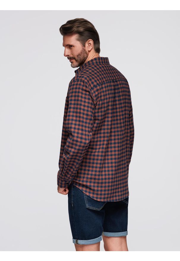Ombre Clothing - Koszula męska flanelowa w kratę - granatowo-ceglasta V6 OM-SHCS-0150 - XXL. Kolor: niebieski. Materiał: bawełna. Styl: klasyczny