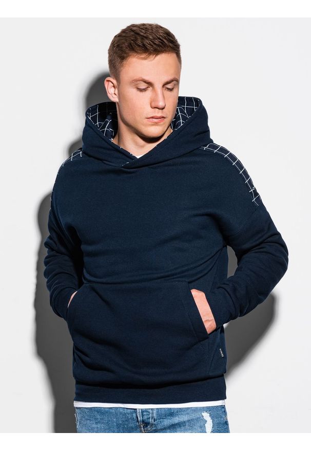 Niebieska bluza Ombre Clothing w kratkę, z kapturem